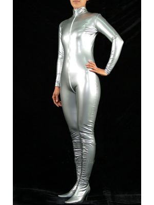 Silver Shiny Metallic Catsuit Zentai With Front Zipper - Click Image to Close